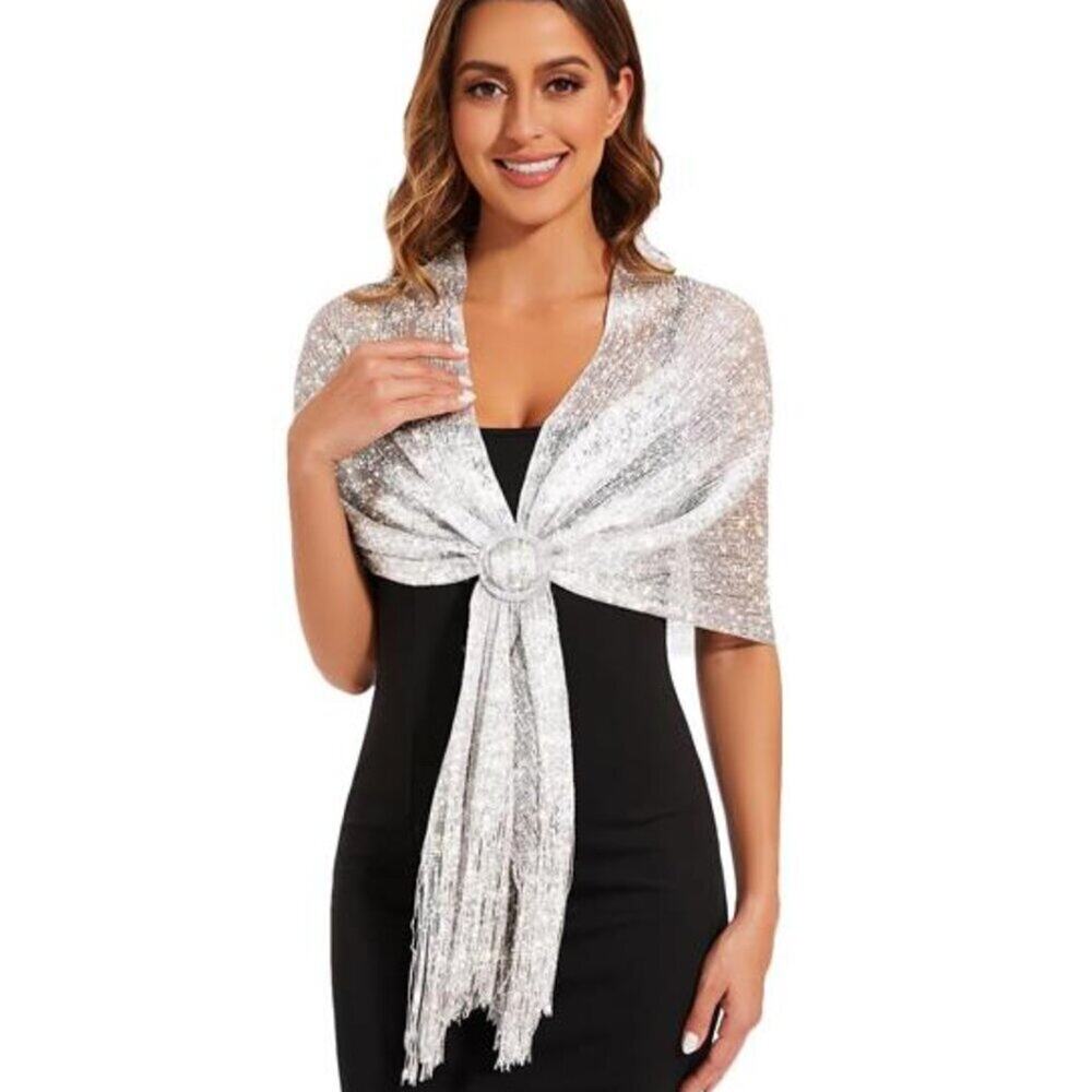 Silver Sparkling Metallic Shawls and Wraps with Buckle, for Evening Dresses Part